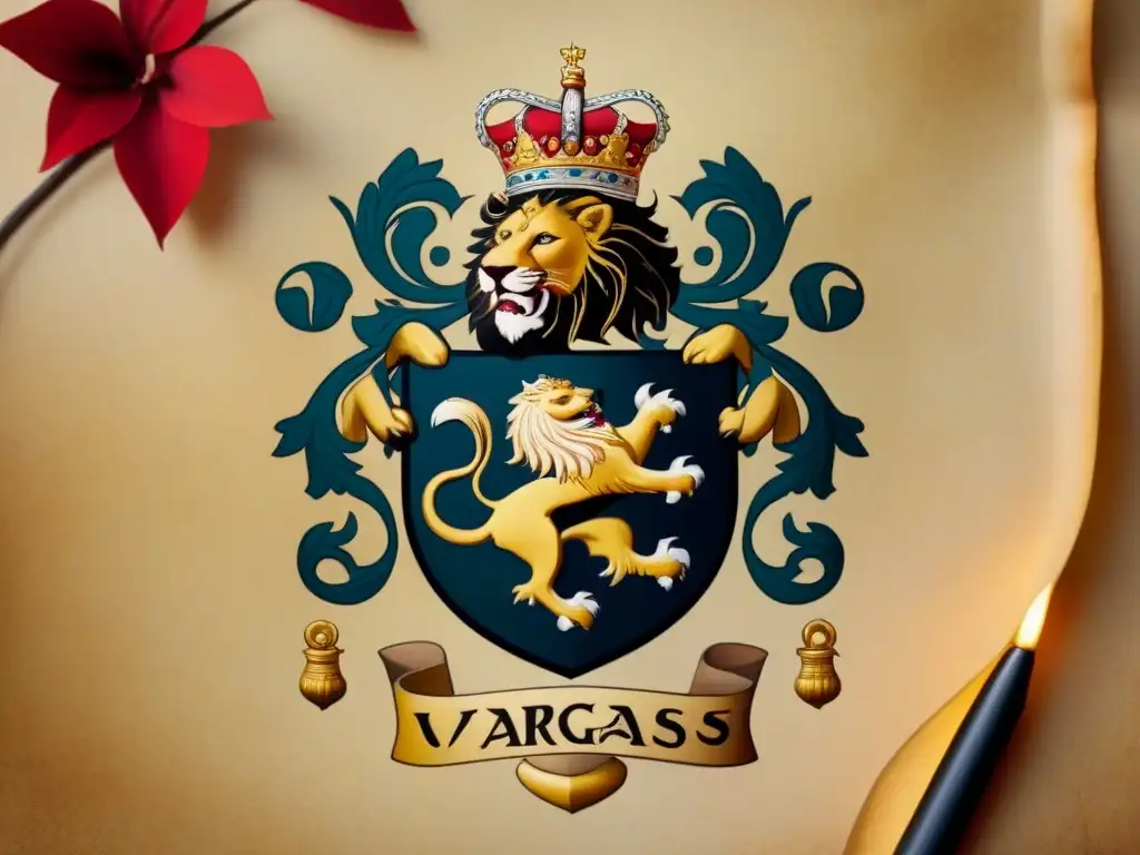 Escudo de la familia 'Vargas' en antiguo pergamino con detalles florales y león majestuoso