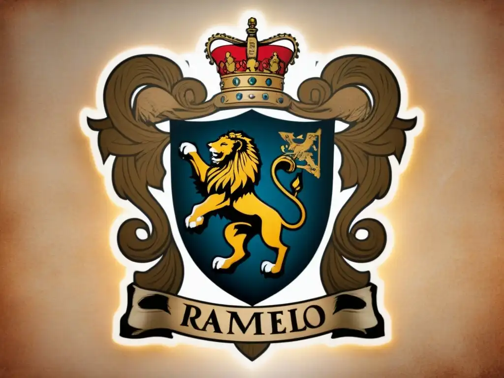 Escudo de la familia Argüello con un león majestuoso y símbolos heráldicos en pergamino antiguo