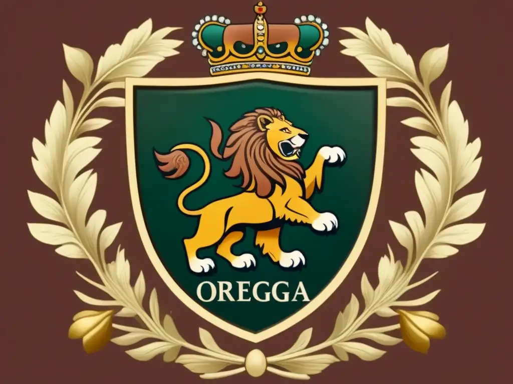 Escudo de la familia Ortega: diseño detallado con león, águila y filigranas en tonos tierra y dorado