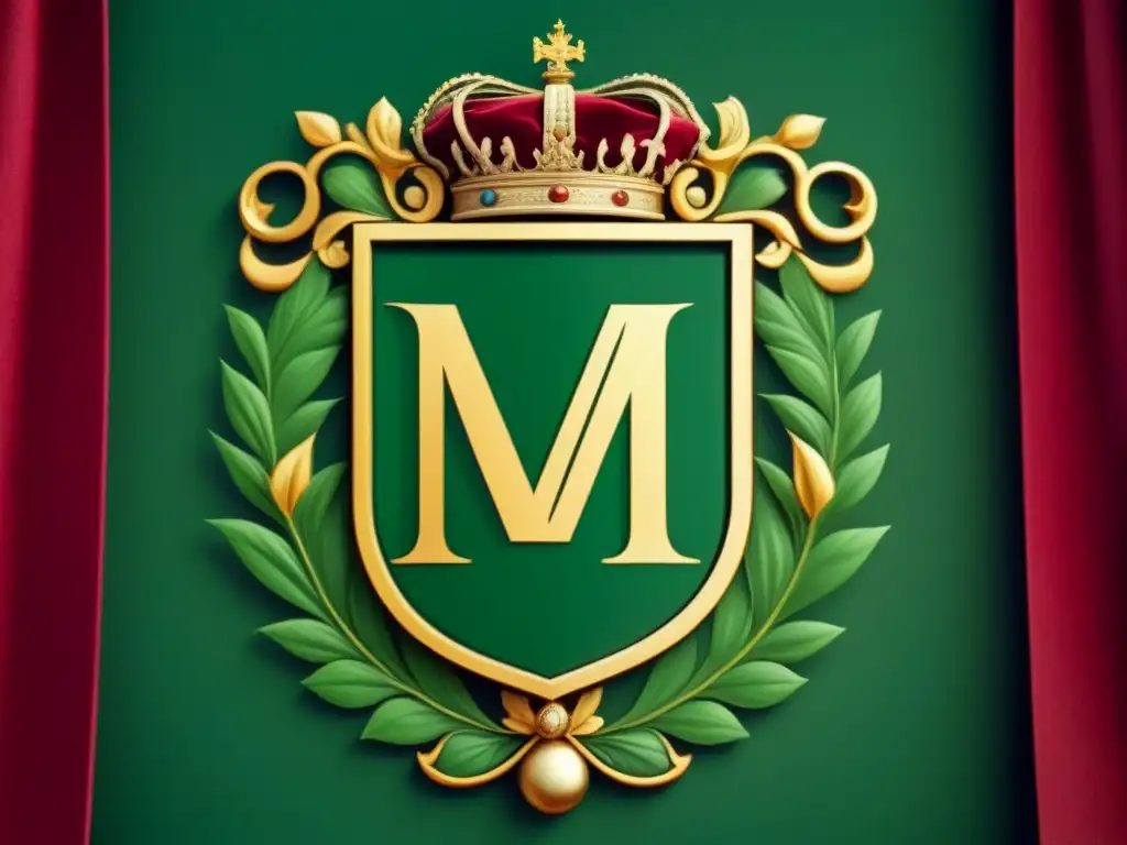 Escudo de familia detallado con la letra 'M' rodeada de motivos florales y ornamentos regios en tonos ricos de verde, burdeos y dorado