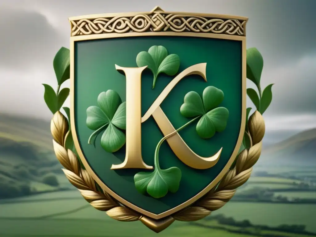 Escudo de familia irlandesa 'K' rodeado de símbolos tradicionales en paisaje verde