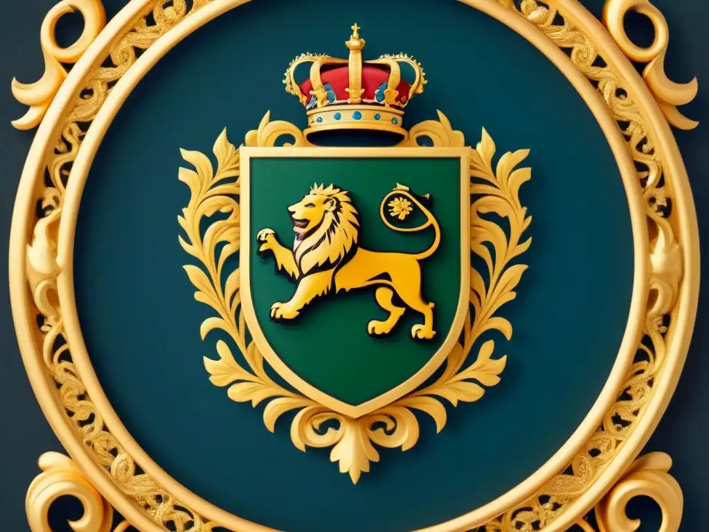 Un escudo de familia majestuoso con detalles intrincados que simbolizan la nobleza y la herencia, exudando historia y prestigio