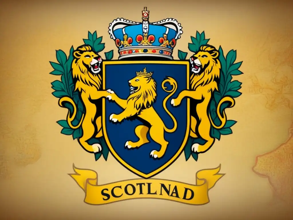 Escudo de la familia Stuart en detallada ilustración vintage sobre mapa histórico de Escocia