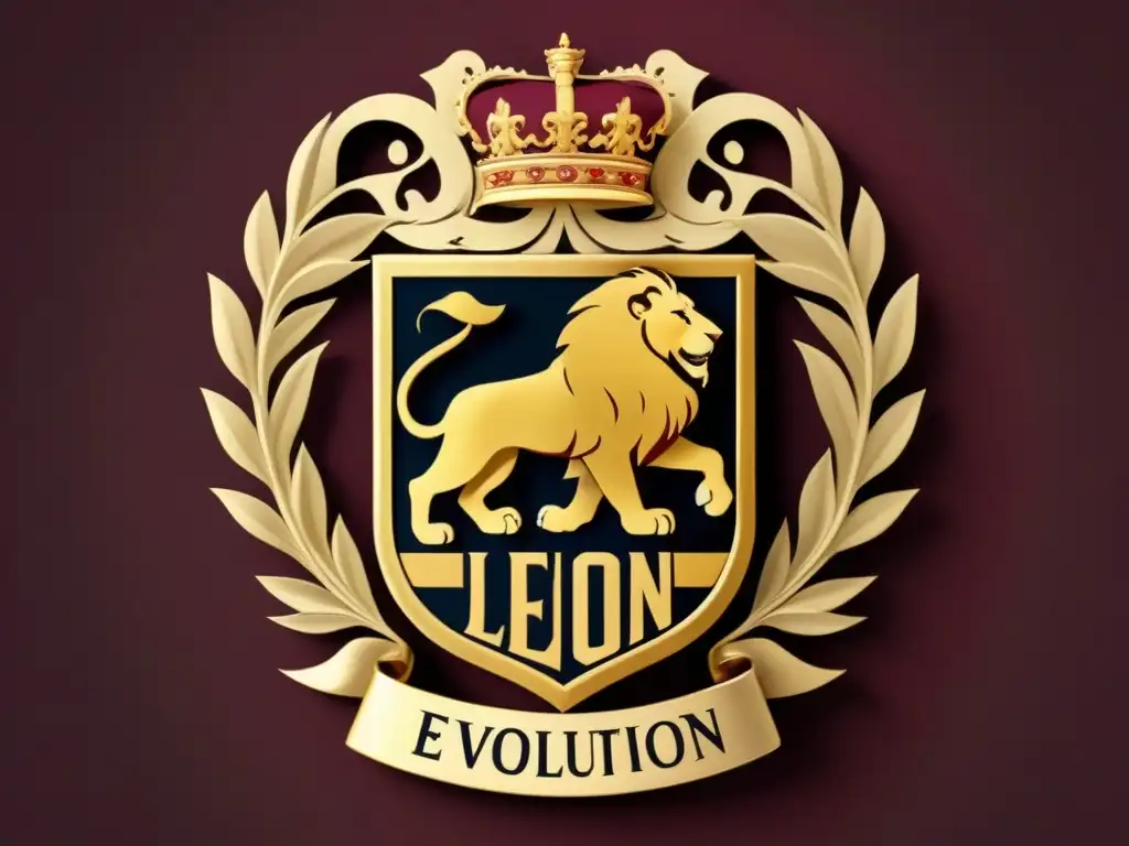 Un escudo de familia vintage detallado con un león majestuoso rodeado de ornamentos en tonos cálidos de oro y burdeos, evocando historia y tradición para la evolución del apellido León