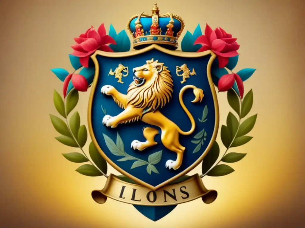 Escudo de familia vintage con leones, escudos y patrones florales en pergamino desgastado