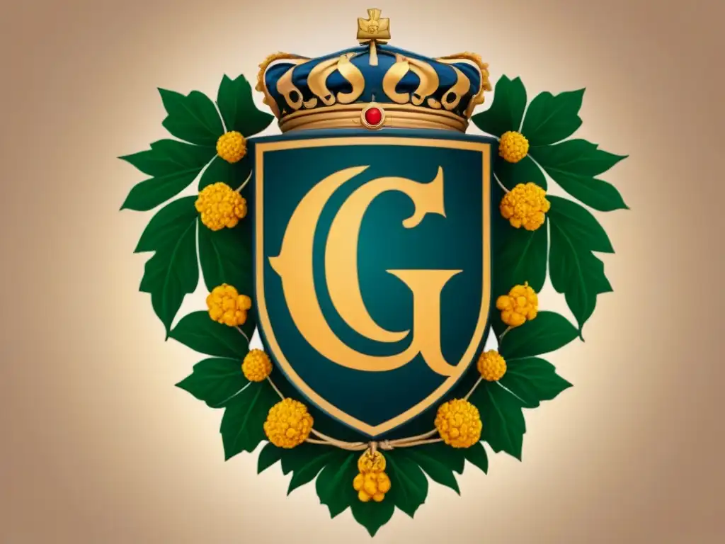 Escudo de familia vintage con la letra 'G' rodeada de símbolos de fuerza y sabiduría, en tonos cálidos