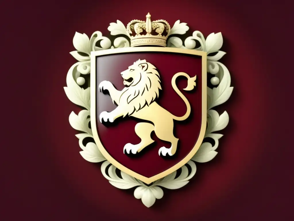 Un escudo de familia vintage con un león majestuoso y patrones ornamentales, representando fuerza y nobleza