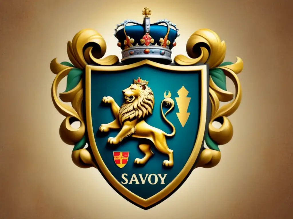 Escudo familiar antiguo del apellido Savoy, con detalles nobles y símbolos de prestigio en un pergamino envejecido