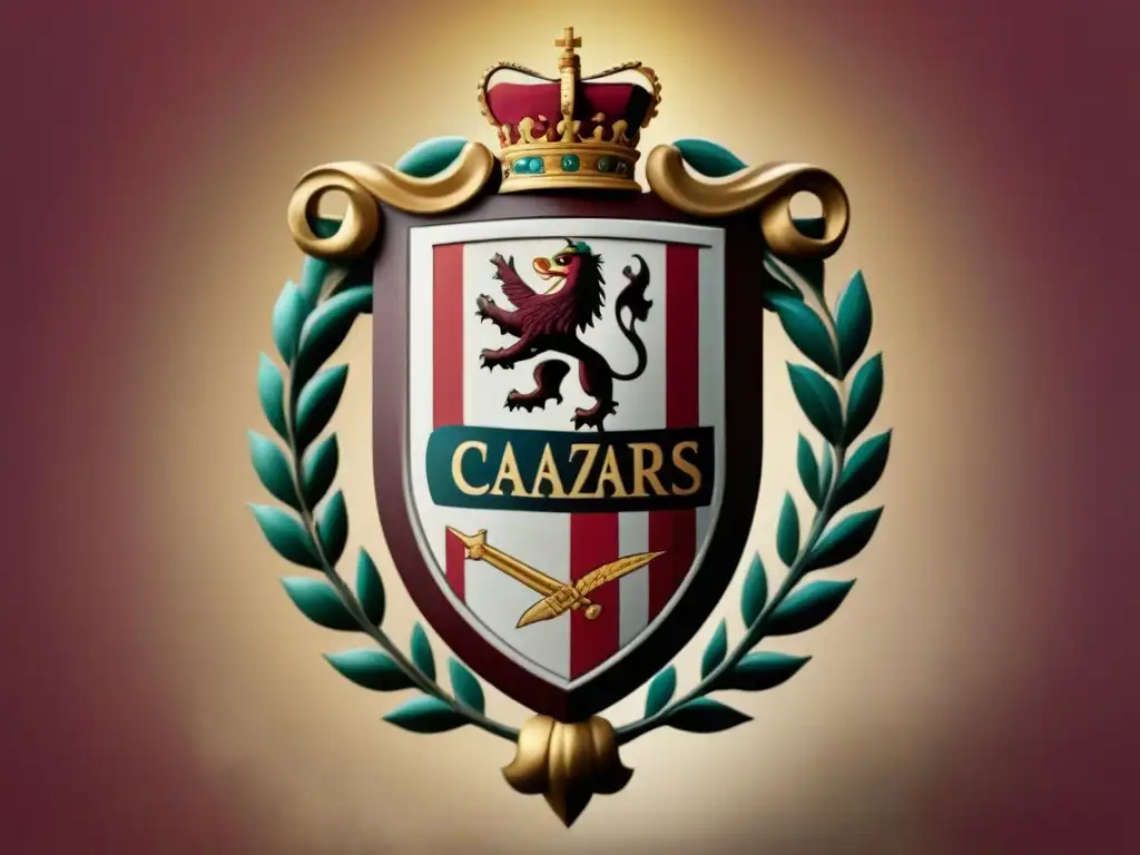 Un escudo familiar antiguo de los Cazares, con símbolos de guerra y paz entrelazados con vides, en colores dorados y burdeos, sobre pergamino