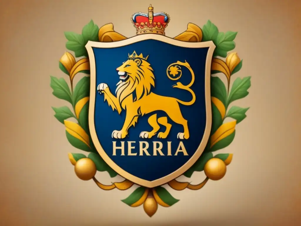 Un escudo familiar antiguo y desgastado con el nombre 'Herrera' en el centro, rodeado de símbolos de fuerza y herencia, sobre pergamino envejecido