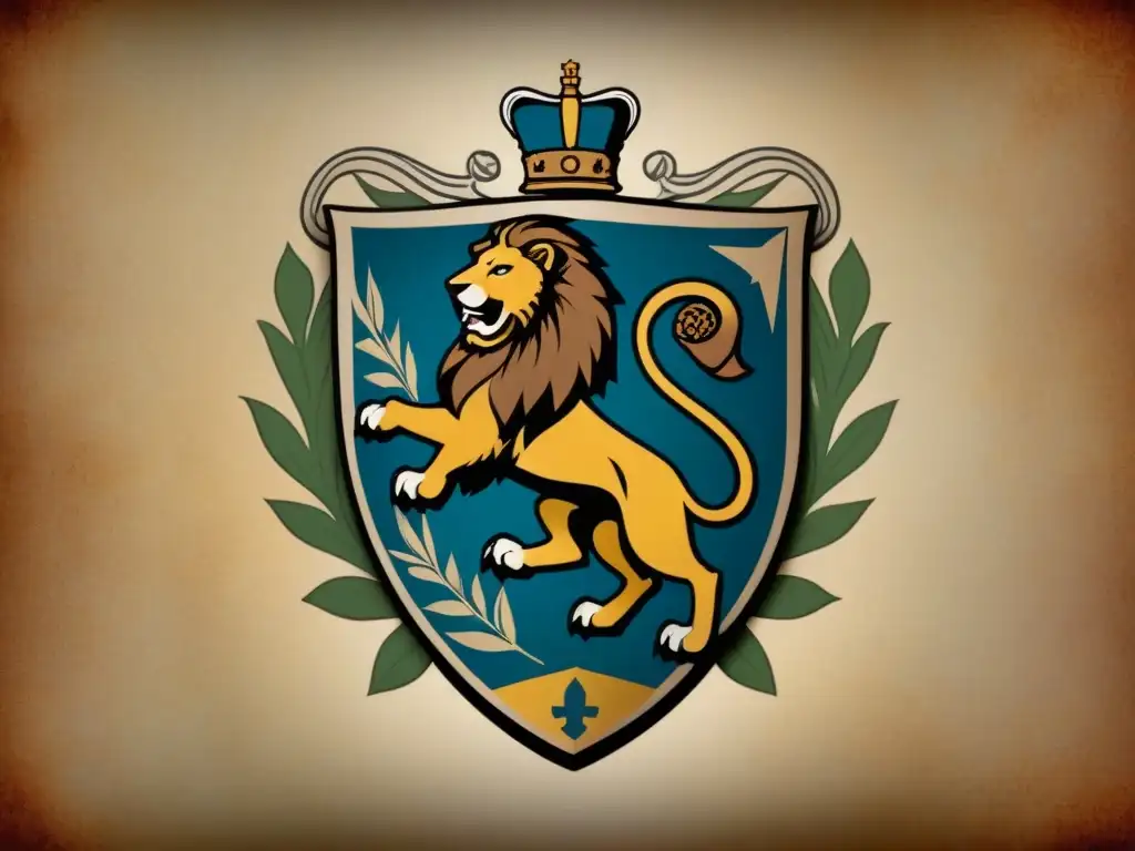 Un escudo familiar antiguo de la familia Poveda con un león majestuoso y adornos de hojas de roble