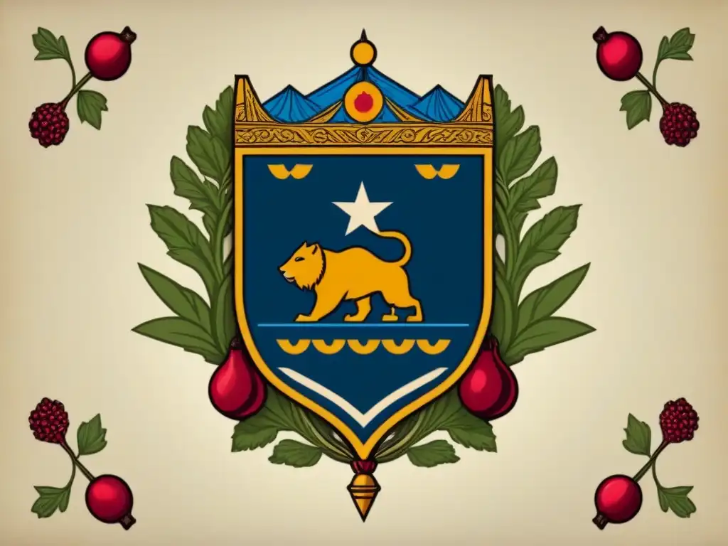 Un escudo familiar armenio detallado, con motivos e iconos armenios como el Monte Ararat y granadas