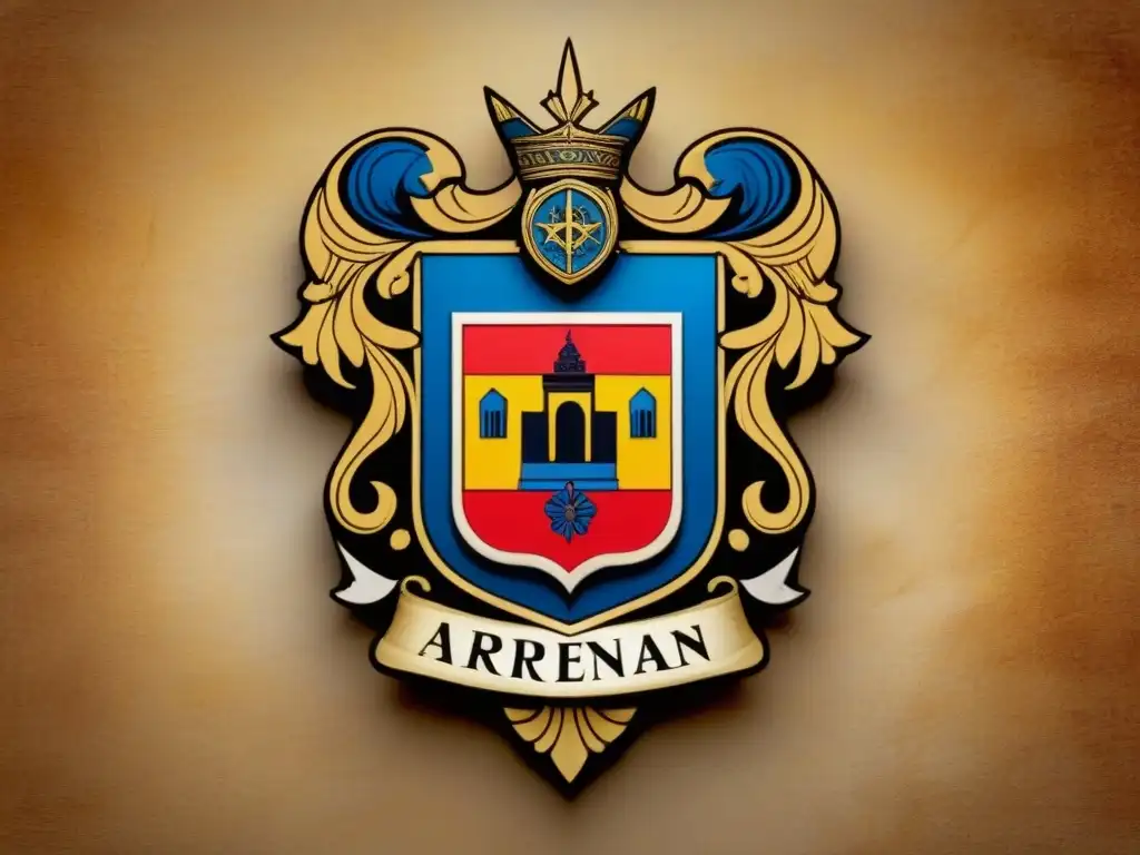 Escudo familiar armenio tallado con motivos tradicionales y colores vibrantes, sobre pergamino antiguo con escritura armenia desvanecida