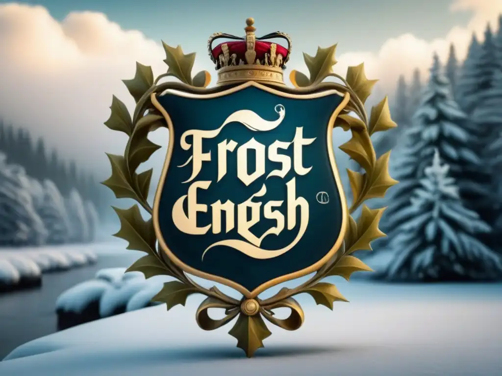 Un escudo familiar de Frost cubierto de escarcha en un paisaje invernal, evocando el origen del apellido Frost