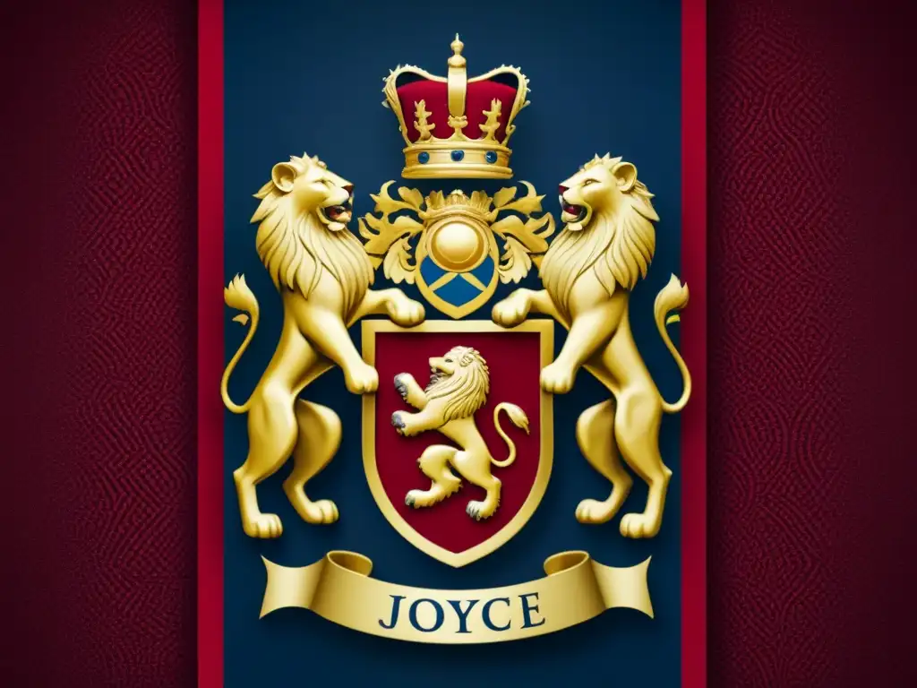 Un escudo familiar detallado con el apellido 'Joyce' en el centro, rodeado de símbolos de sabiduría, creatividad y herencia