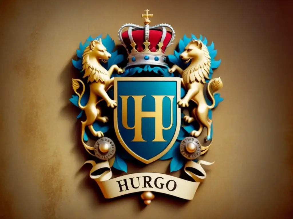 Escudo familiar detallado con el apellido Huergo en caligrafía elegante rodeado de símbolos de ingeniería y nobleza sobre pergamino envejecido, evocando la historia del apellido Huergo