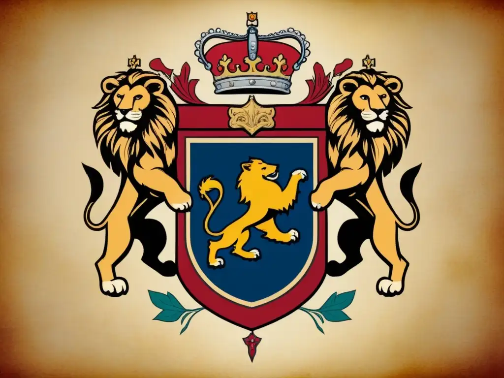 Un escudo familiar detallado en colores reales y ricos, con leones, escudos y una corona, sobre pergamino envejecido