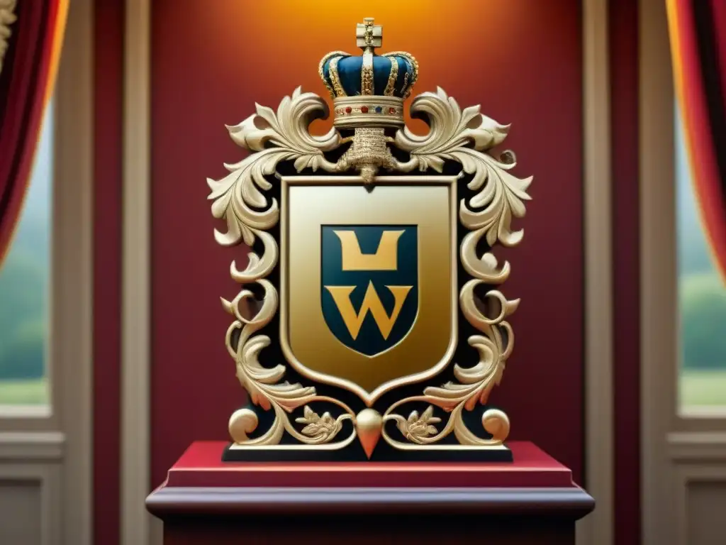 Un escudo familiar detallado con un espejo majestuoso rodeado de símbolos tradicionales, reflejando la historia y tradición del apellido Espejo