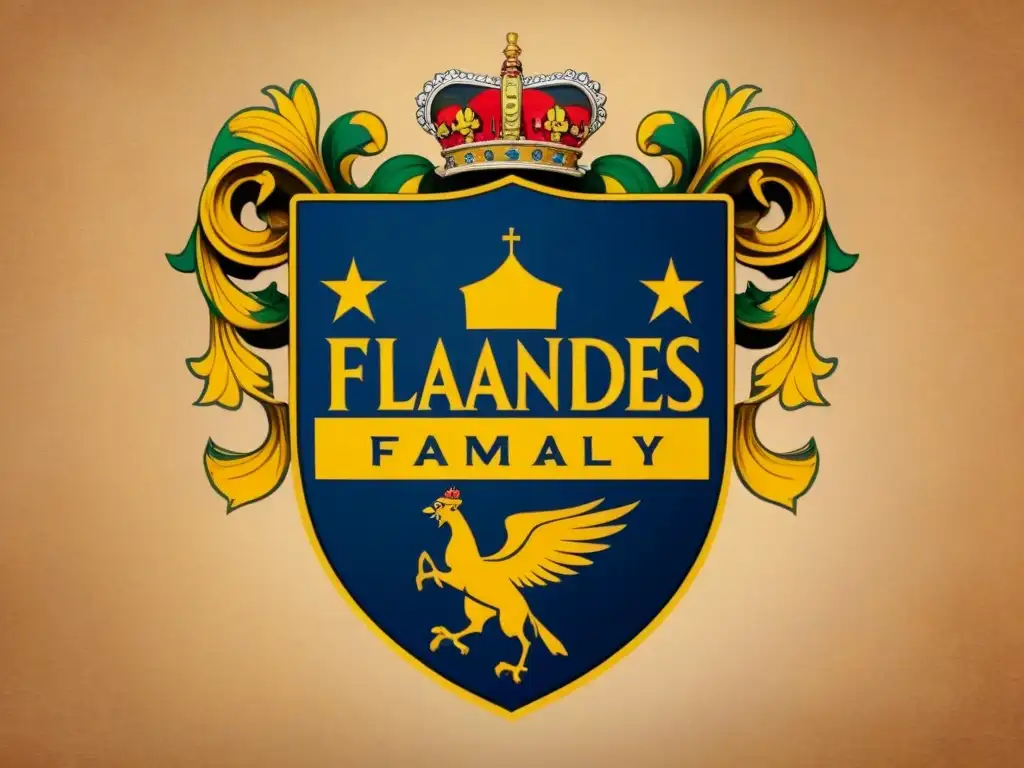 Un escudo familiar detallado con el nombre 'Flandes' rodeado de símbolos de nobleza y patrimonio en un pergamino envejecido