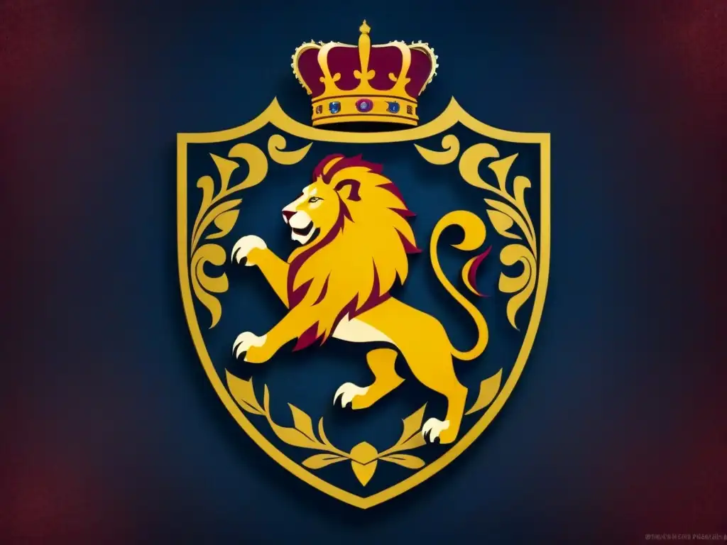 Un escudo familiar intrincado y ornamentado con un león real sosteniendo un escudo adornado con patrones intricados y una corona majestuosa en la cima