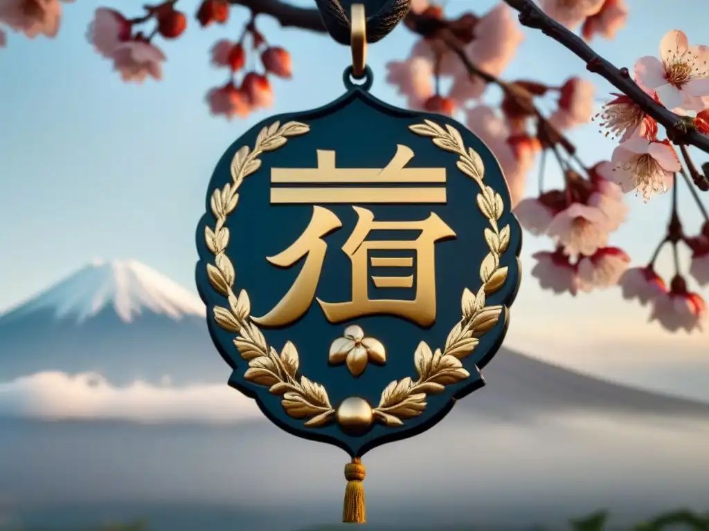 Escudo familiar japonés con cerezos y kanji, simbolizando fuerza y prosperidad, con el Monte Fuji al fondo