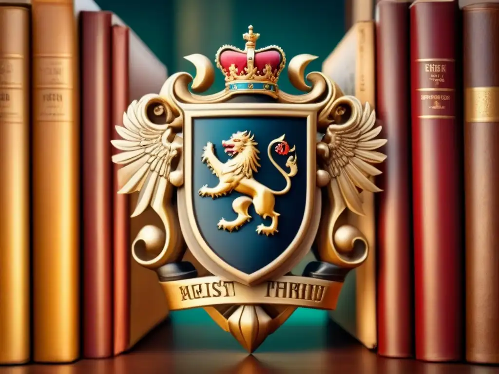 Un escudo familiar majestuoso en una biblioteca tenue, evocando historia y tradición de apellido
