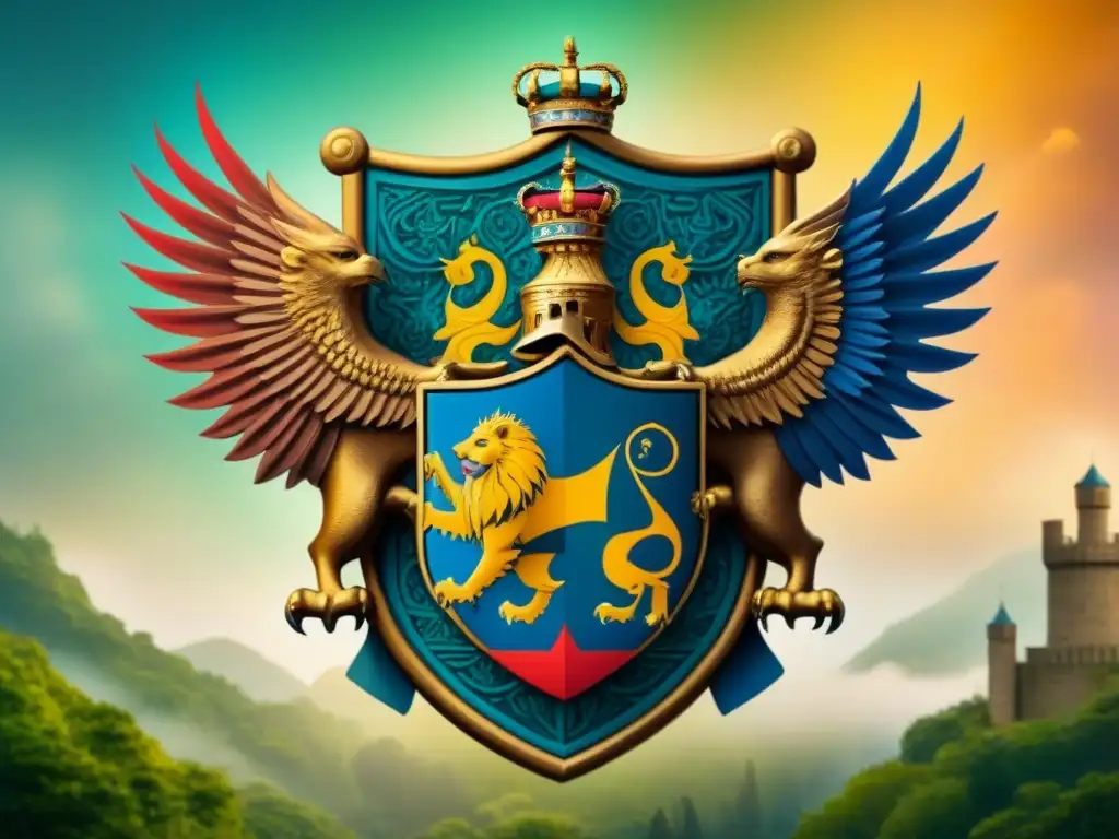 Un escudo familiar majestuoso con colores vibrantes que simbolizan el significado de los colores en los apellidos de los antepasados