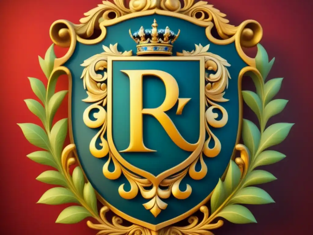 Un escudo familiar majestuoso con la letra 'R' rodeada de símbolos heráldicos y decoraciones ornamentadas