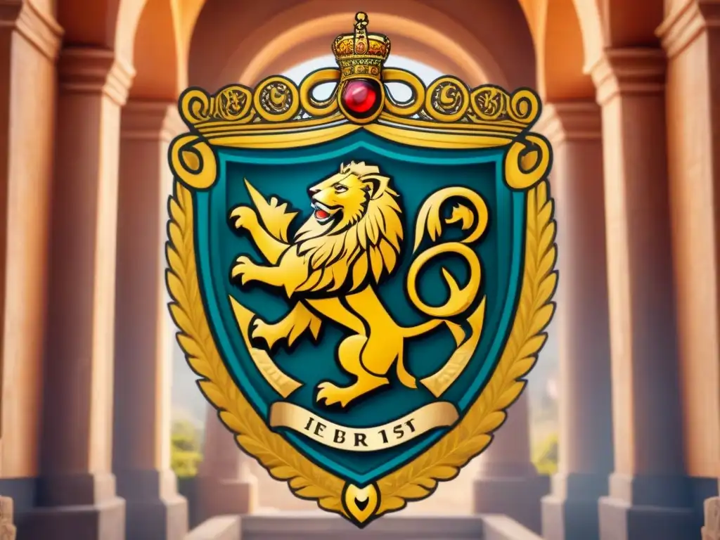 Escudo familiar majestuoso con símbolos de poder y linaje rodeado de leones, coronas y pergaminos antiguos en un castillo medieval