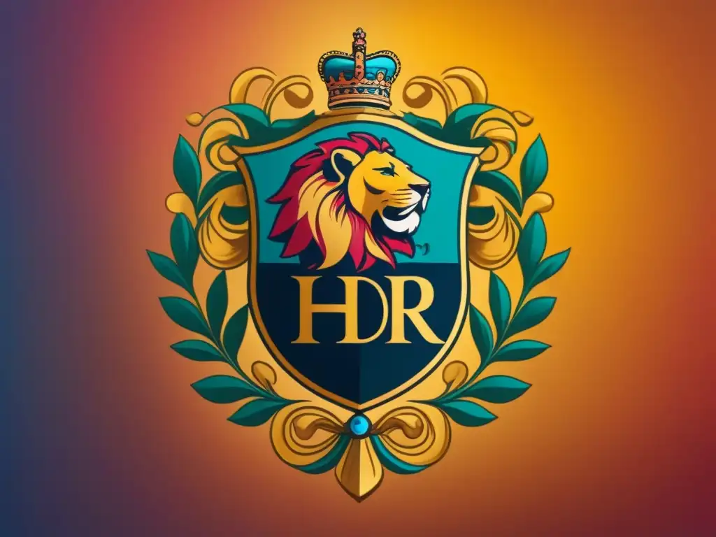 Un escudo familiar regio con colores vibrantes simbolizando significados profundos