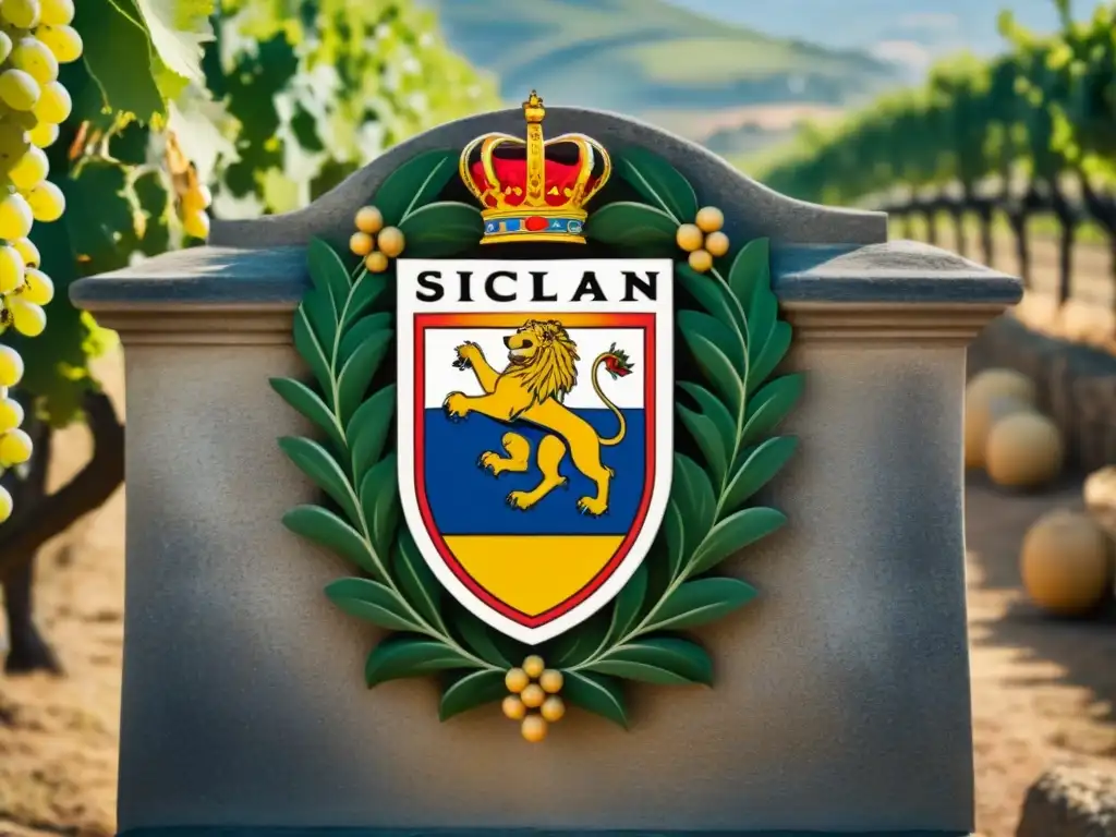 Escudo familiar siciliano antiguo tallado en piedra, con león, espada, ramas de olivo y uvas, en un paisaje mediterráneo