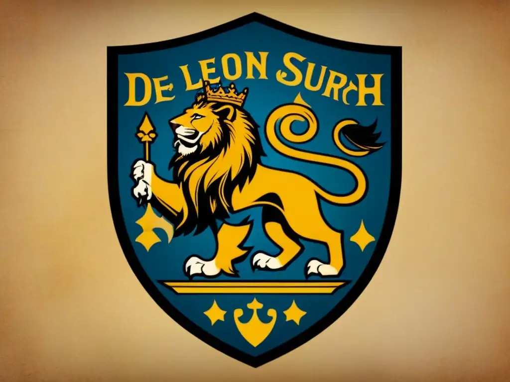 Un escudo familiar vintage del apellido De León con un majestuoso león sosteniendo un escudo y una corona