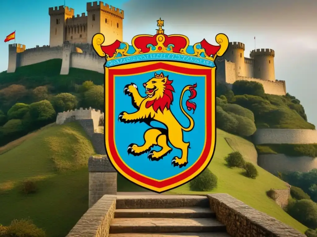 Un escudo familiar español vintage detallado, simbolizando historia, nobleza y legado, frente a un castillo medieval y campo pintoresco