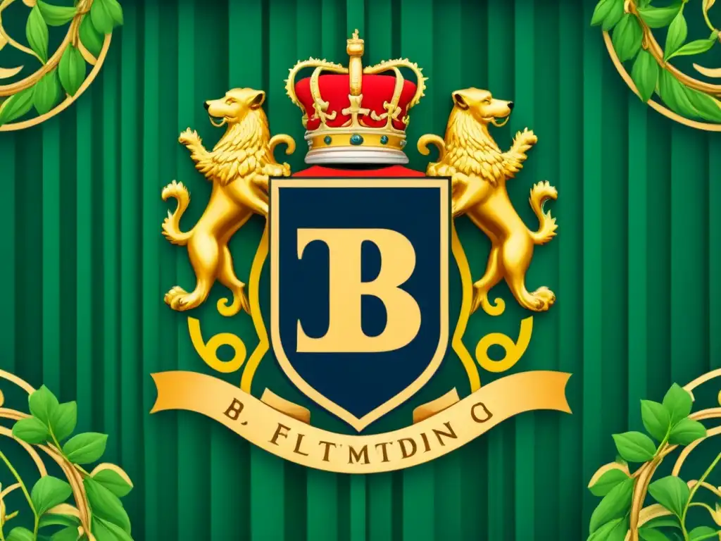 Escudo familiar vintage detallado con la letra 'B' y símbolos de fuerza, sabiduría y herencia