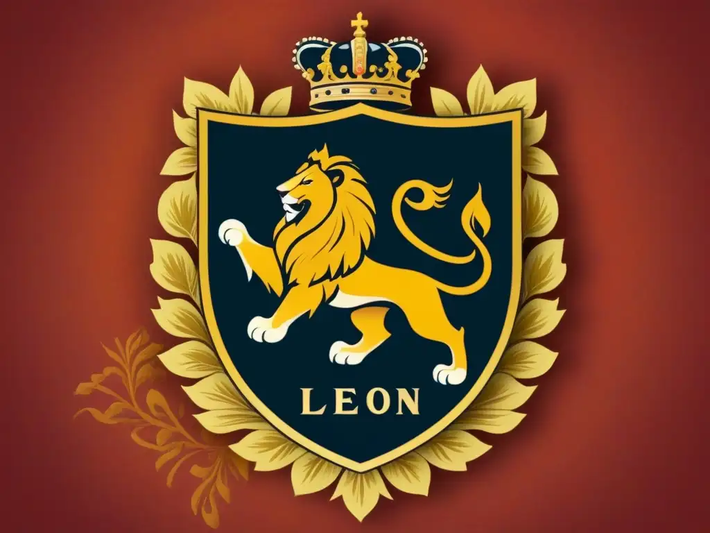 Un escudo familiar vintage detallado con un majestuoso león, rodeado de patrones florales y el nombre 'León'