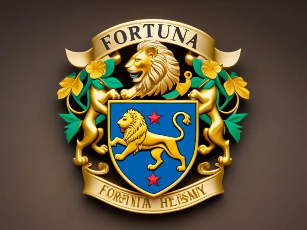 Escudo familiar vintage detallado con el nombre 'Fortuna' rodeado de símbolos de suerte, prosperidad y fortuna