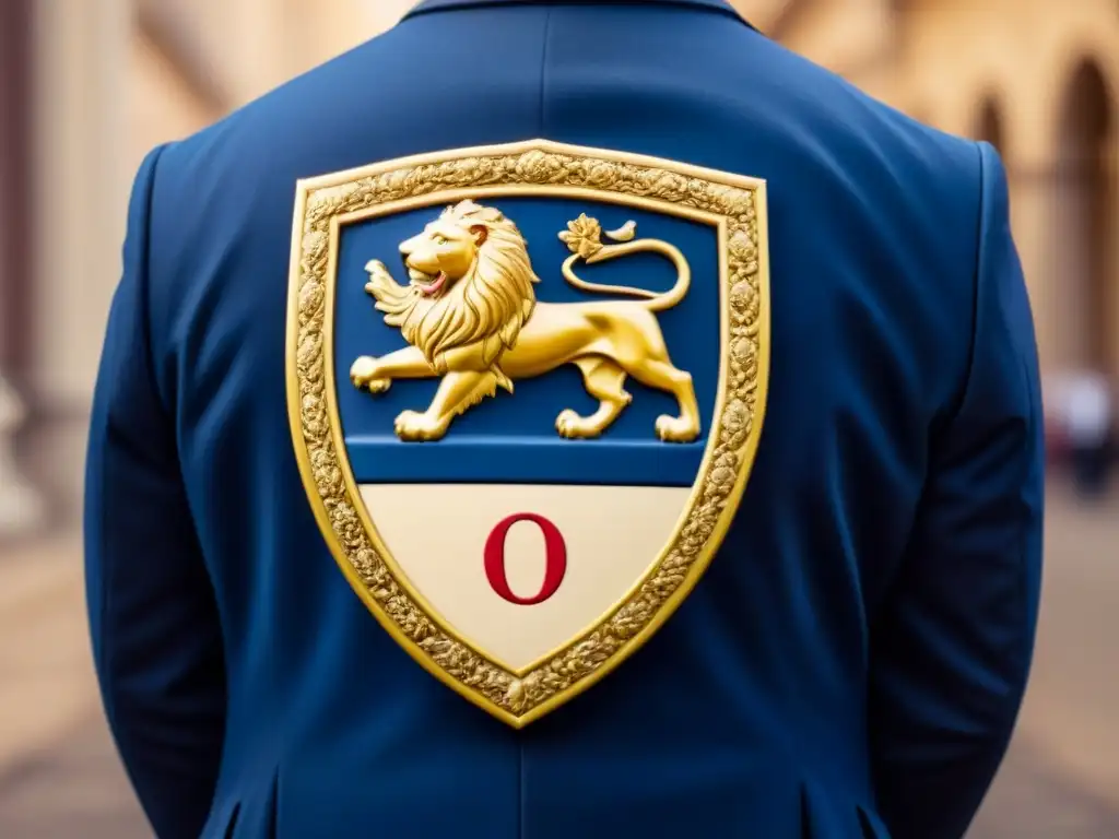 Un escudo familiar vintage con detalles intrincados y un majestuoso león sosteniendo un escudo con la letra 'O' en el centro