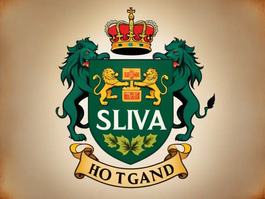 Un escudo familiar vintage de la familia 'Silva' rodeado de símbolos heráldicos y vegetación, evocando nobleza y antigüedad