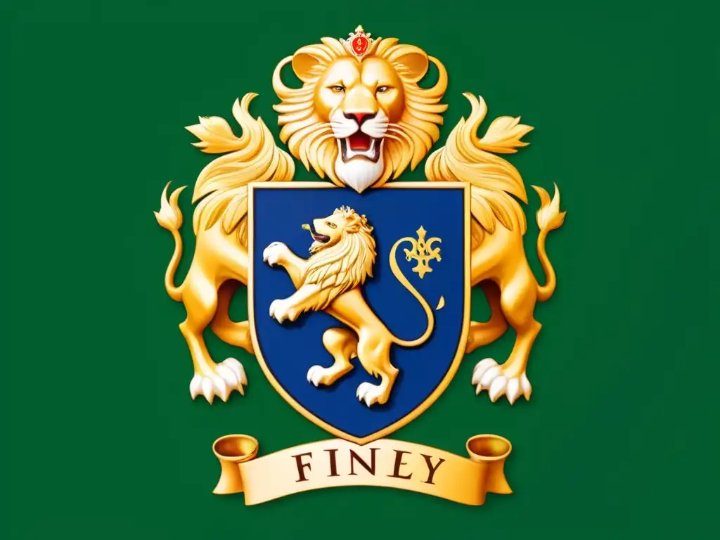 Escudo familiar vintage de la familia Finley con león majestuoso y patrones gaélicos, símbolos celtas de sabiduría y fuerza