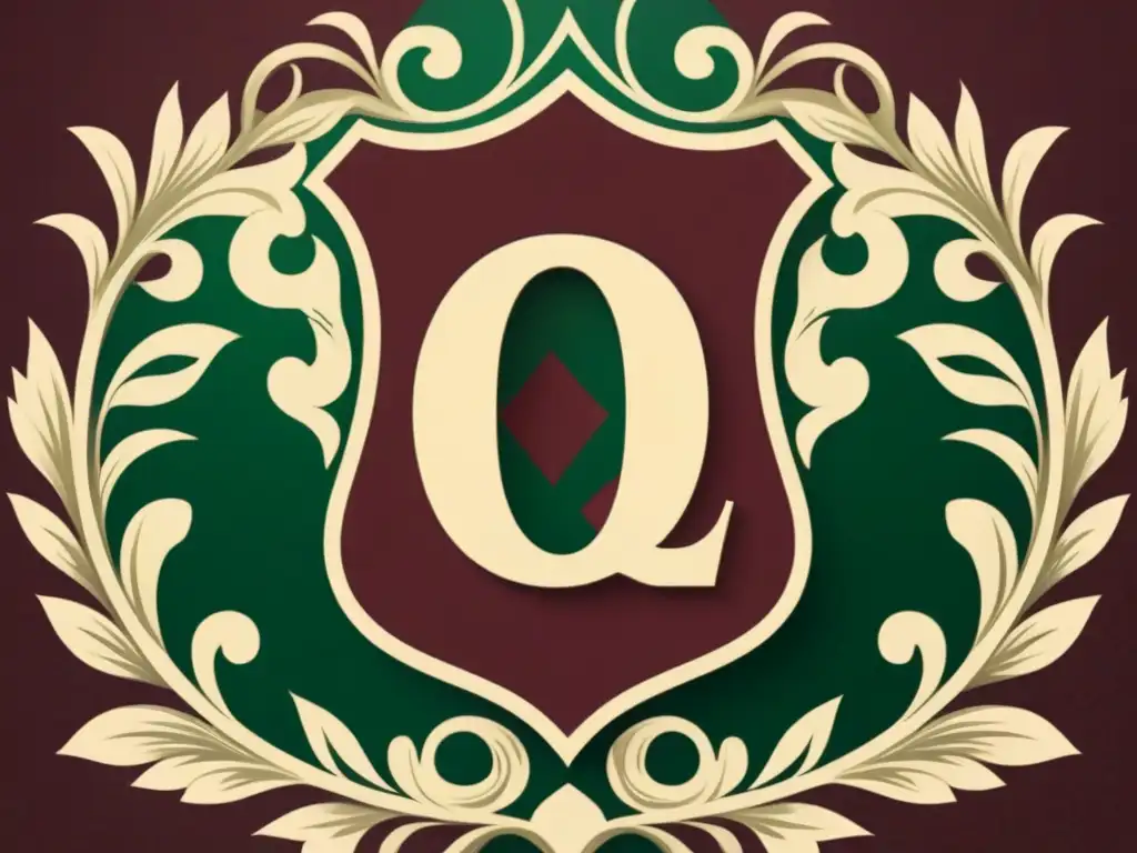 Un escudo familiar vintage con la letra 'O' en el centro rodeada de símbolos y patrones intrincados en tonos de burgundy, oro y verde oscuro