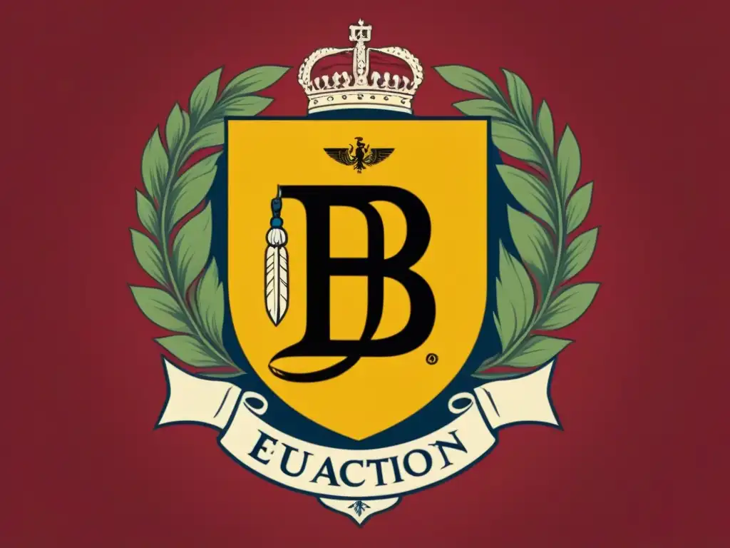 Escudo familiar vintage con la letra 'B' rodeada de símbolos de educación y estatus