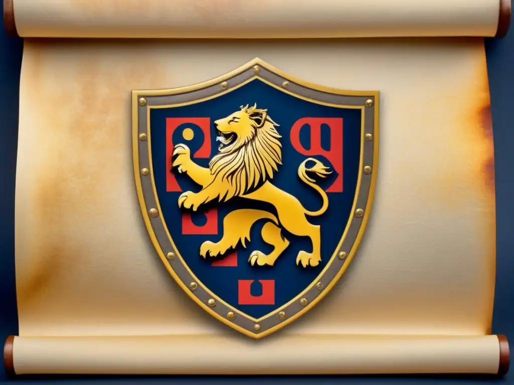 Escudo familiar vintage con majestuoso león, colores regios y pergamino envejecido