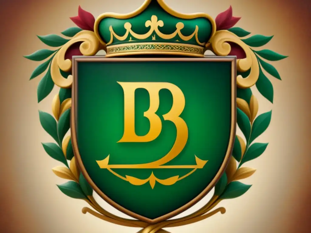 Un escudo familiar vintage con motivos botánicos intrincados, letras 'B' y 'Bermejo' en tonos terrosos, evocando significado apellidos con B