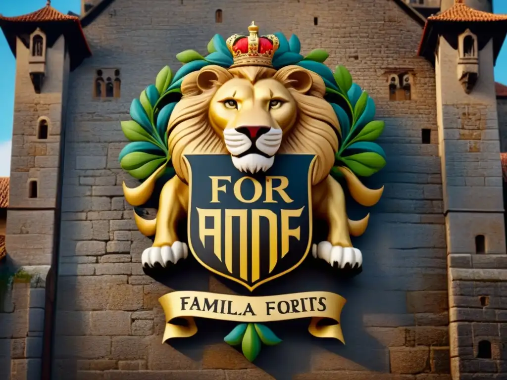 Escudo familiar vintage con roble y león, castillo medieval y lema latín 'Familia Fortis et Fidelis'