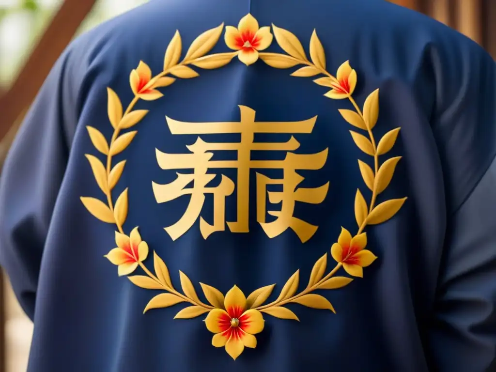 Un escudo familiar vintage con simbología coreana que representa fuerza y prosperidad