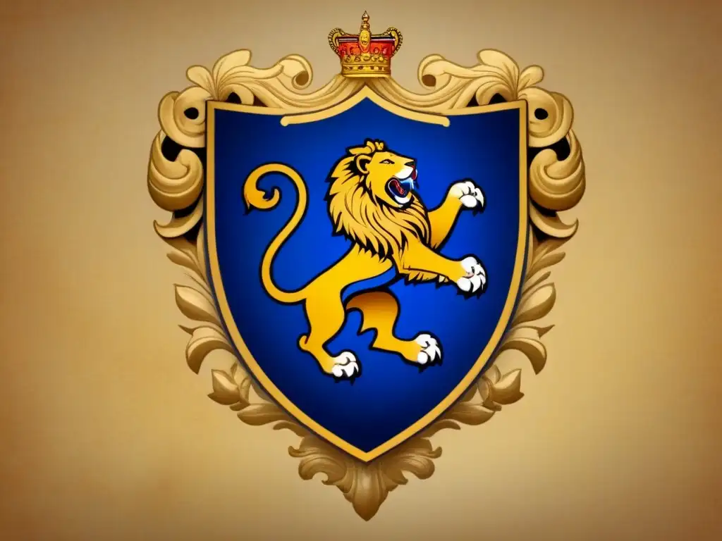 Un escudo heráldico majestuoso de la familia Navarrete con detalles en oro y azul real evocando poder y linaje