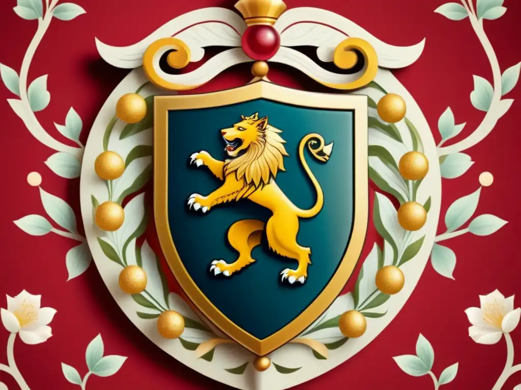 Un escudo heráldico majestuoso fusionando tradiciones de Europa y Asia con leones, dragones y cerezos