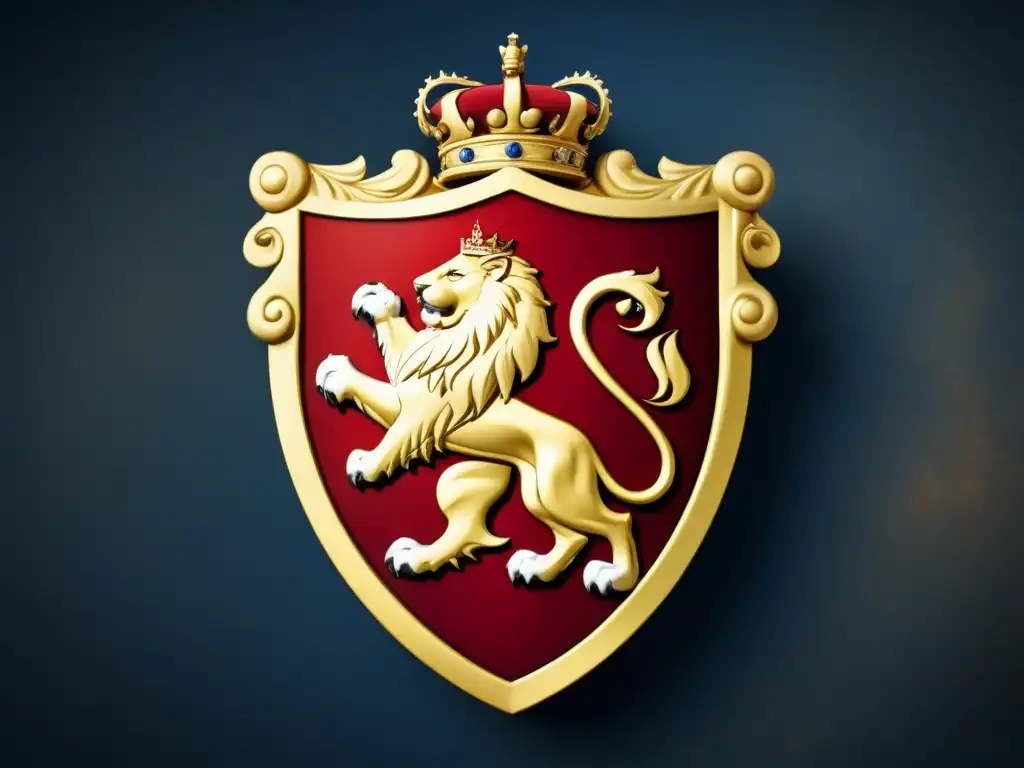 Escudo heráldico medieval con diseño detallado de leones, lises y corona real en colores dorados, rojos y azules