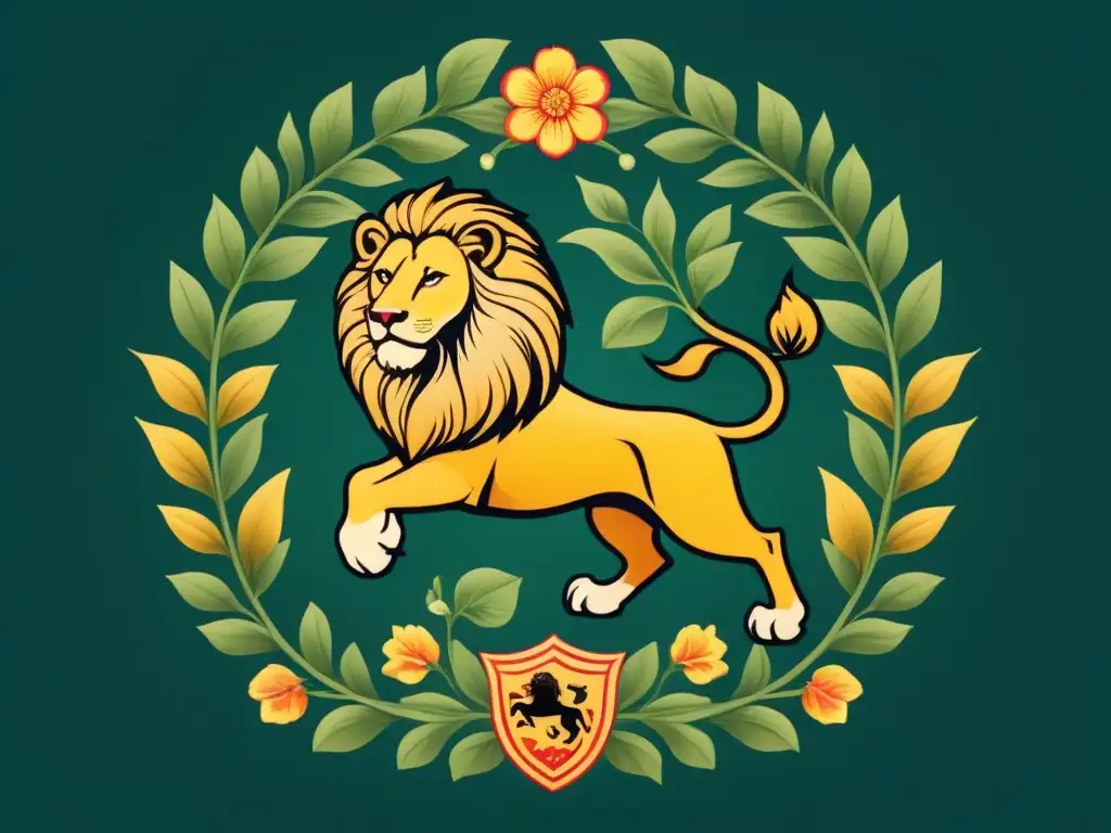 Un escudo heráldico vintage detallado con un león y un unicornio entrelazados en un diseño de flora y fauna, evocando la heráldica de Europa y Asia