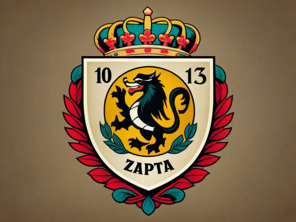 Un escudo histórico detallado de la familia Zapata, con elementos simbólicos como serpiente y corona, en un pergamino envejecido